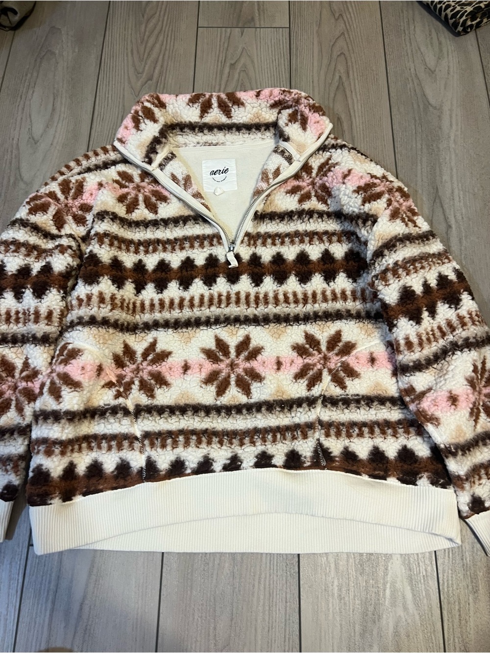 aerie Cream, Brown & Pink Sherpa Quarter-Zip Pullover